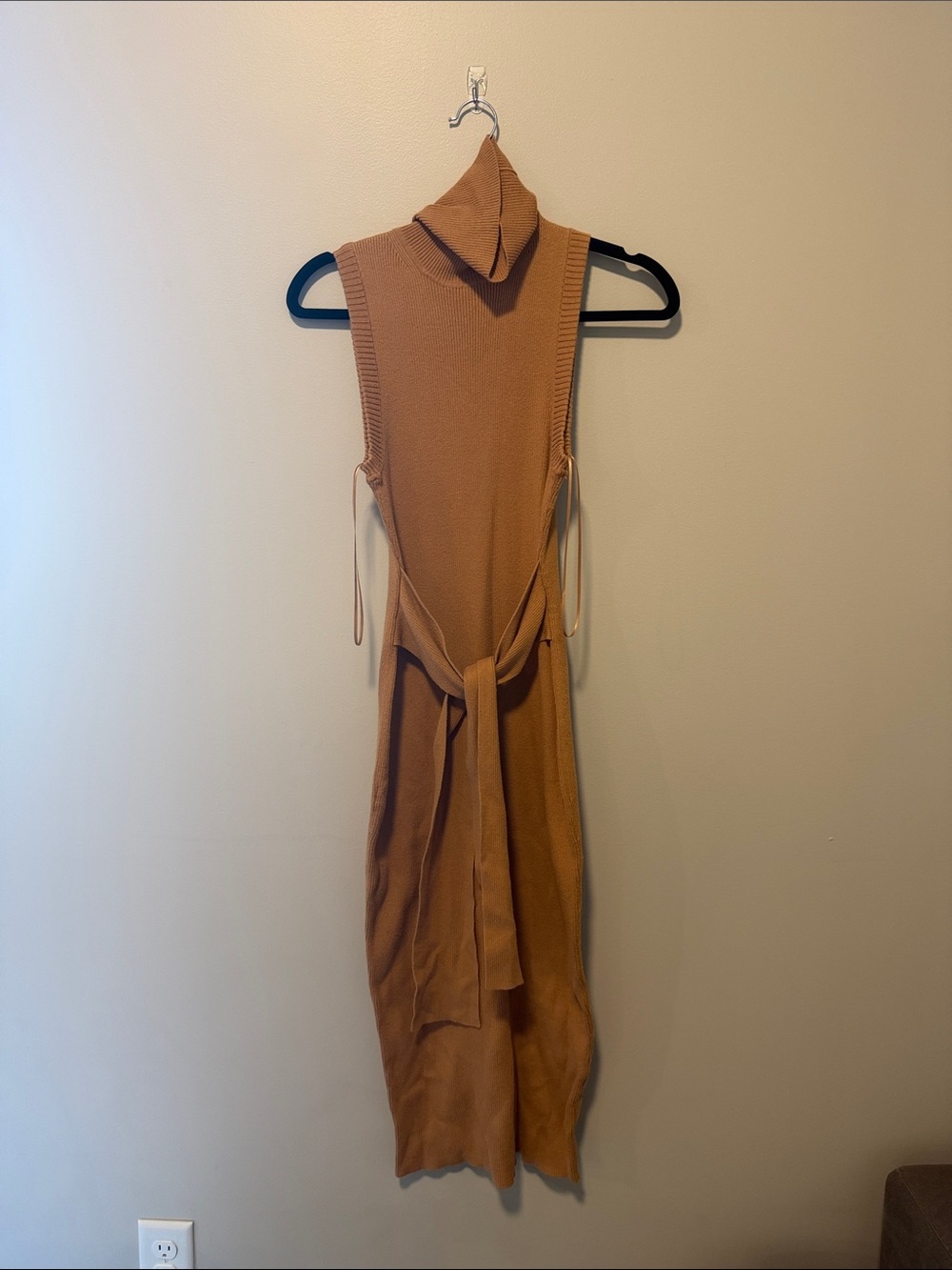 Sleeveless Midi Turtleneck Knit Dress with Waist Tie in Camel